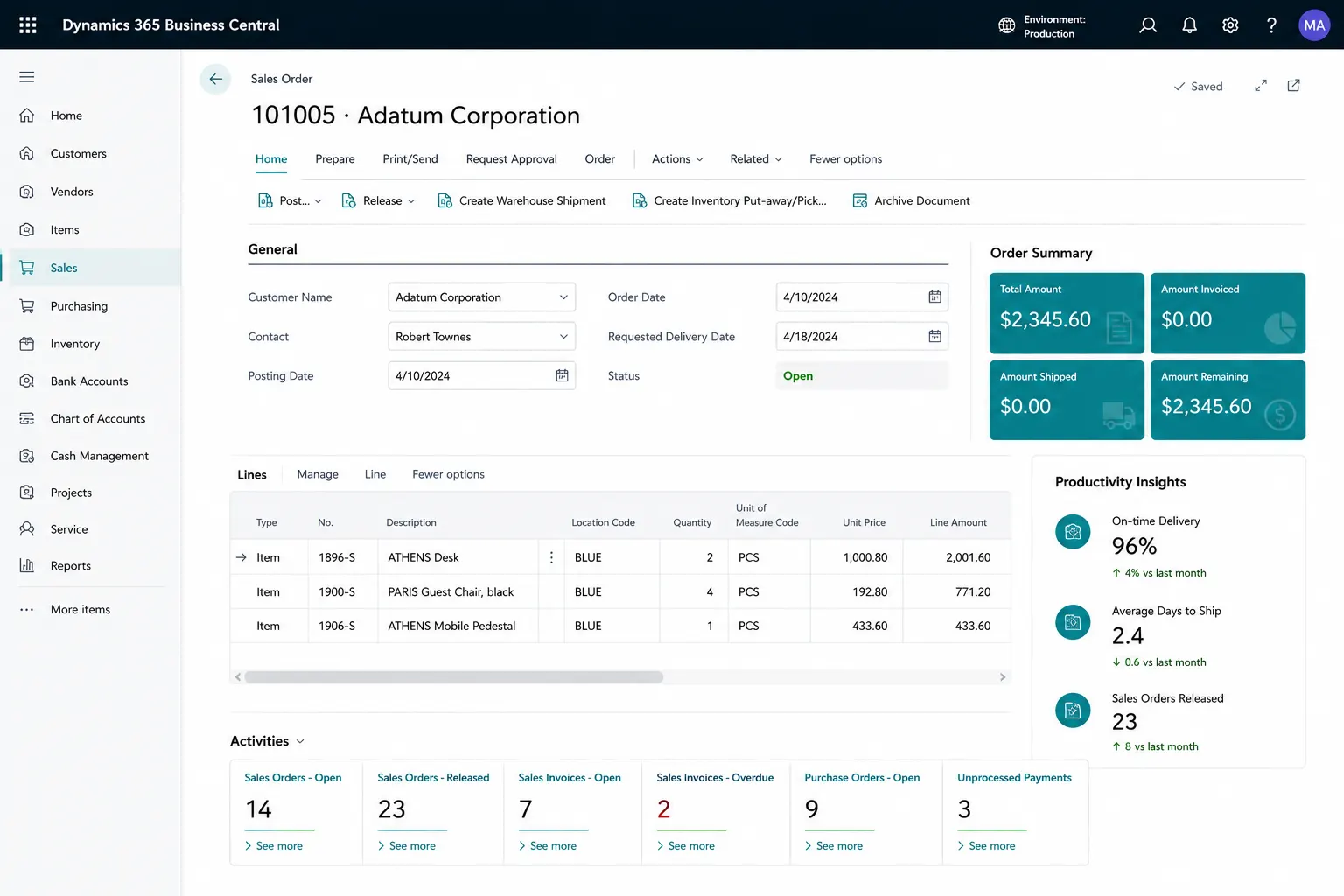 Business Central purchasing and accounts payable workflow